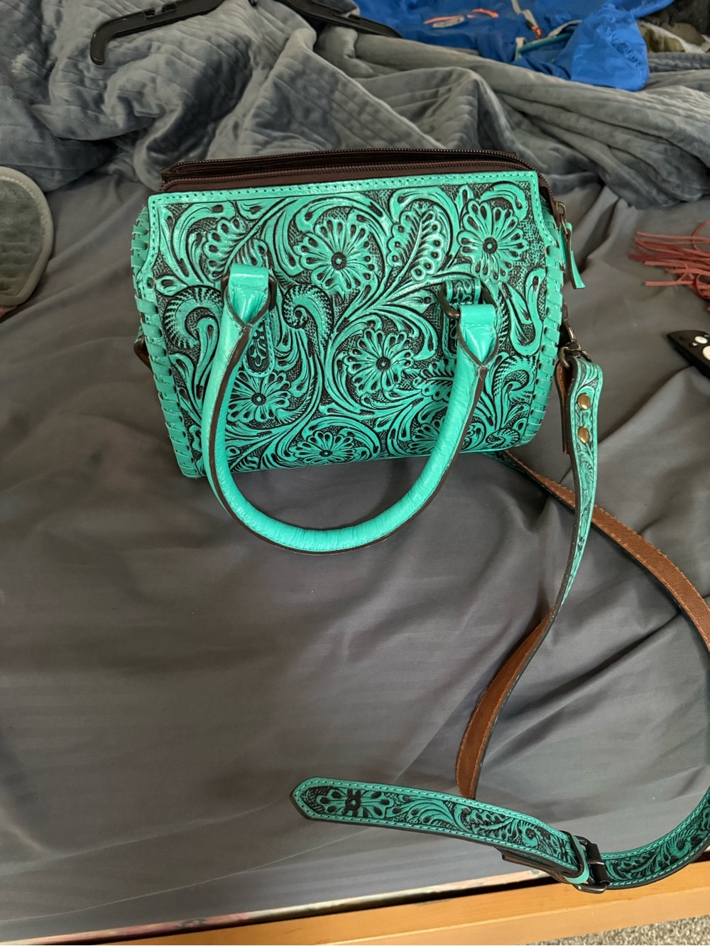 Turquoise Floral Tooled Leather Satchel - Women's Bag
